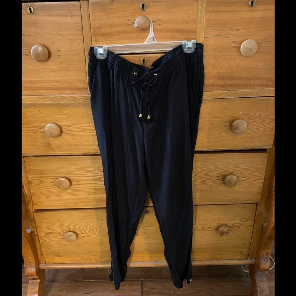Vintage Silky dress Pants cinched cuff Gold Zipper at Ankle & Front Tie Size L